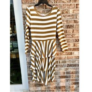 Lularoe Gold & White Ruffle Tier Striped Midi Dress